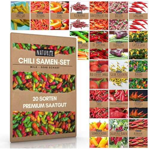 20er Chili Samen Set von Naturlie, 20 Sorten Chilisamen mild bis sehr scharf, Chili Set für Balkon, Garten, Gewächshaus, Hochbeet - Premium Chilisortiment von Naturlie