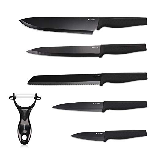 Navaris Messer Set 6-teilig inkl. Schäler - 5X Edelstahl Küchenmesser und 1x Keramik Gemüseschäler - Fleischmesser Brotmesser - Messerset schwarz von Navaris