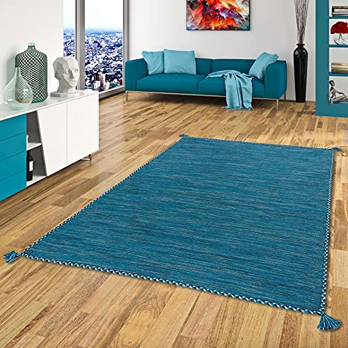 Natur Teppich Bauwolle Kelim Prico Blau Petrol in 8 Größen von Navarro