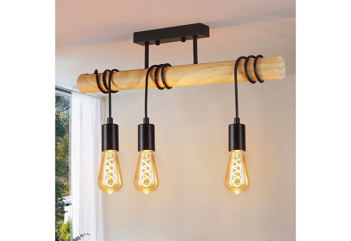 Nettlife Pendelleuchte Esstisch Holz Hängelampe Vintage E27 4 Flammig Hängend Industrial, LED wechselbar, Esszimmer Küche von Nettlife