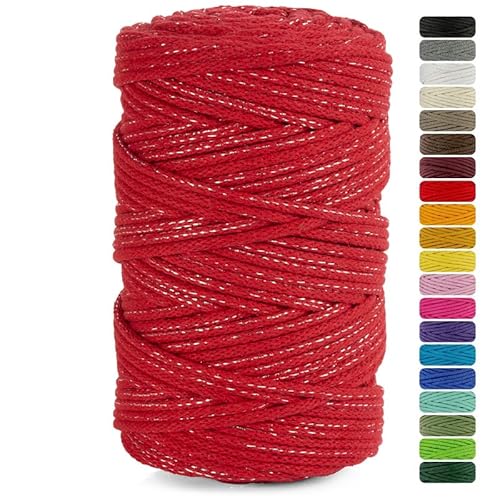 Netuno 1x Makramee Garn rot mit silbernem Metallfaden 5 mm 100 m Baumwollkordel Textilgarn Kordelband Naturgarn Naturbaumwolle Garn für Makramee Baumwollgarn Weihnachten Kordel Geschenkband Macrame von Netuno