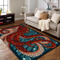 Oktopus Teppich, Moderner Roter Blauer Maschinenwaschbarer Kraken Teppich von NewCarpetWorld