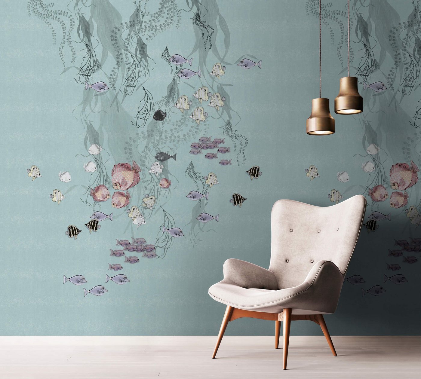 Newroom Vliestapete, [ 3,4 x 2,12m ] großzügiges Motiv - kein wiederkehrendes Muster - nahtlos große Flächen möglich - Fototapete Wandbild Tiere Fische Algen Made in Germany von Newroom