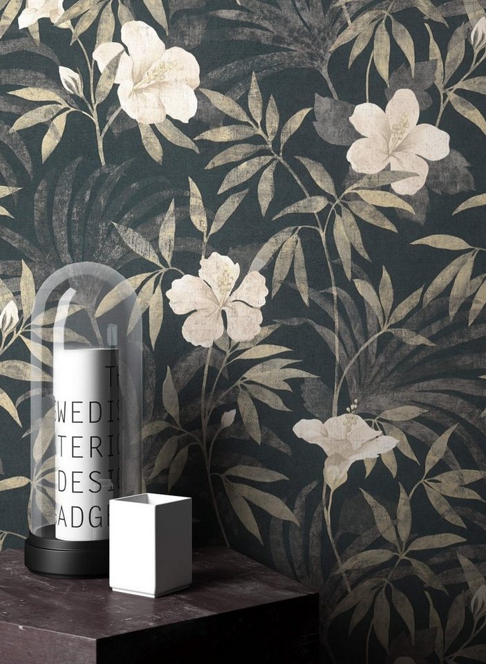 Newroom Vliestapete, Schwarz Tapete Floral Blumen - Blumentapete Dschungeltapete Beige Weiß Romantisch Modern Blätter Dschungel für Wohnzimmer Schlafzimmer Küche von Newroom