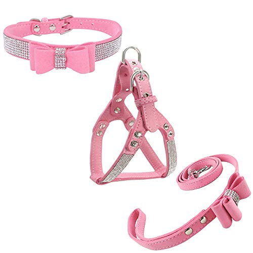 Newtensina Fliegen Hundehalsband & Geschirr & Blei-Sets Komfortables weiches Welpenhalsband Diamante mit Geschirr- und Leinen-Set für Hund - Pink - S von Newtensina