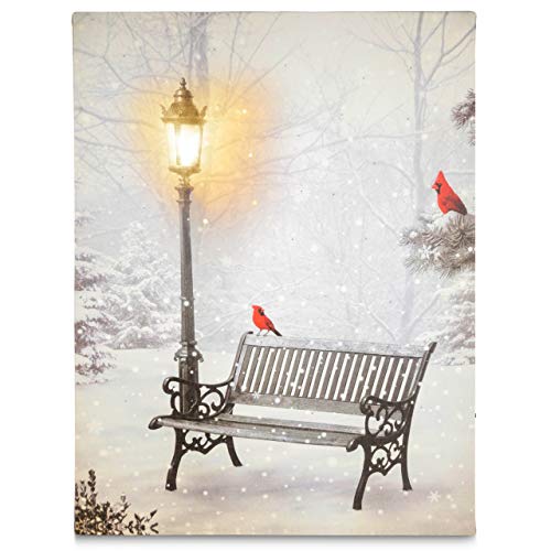 Nexos Trading LED Wandbild Leinwandbild mit Beleuchtung 30x40 cm Winterlandschaft Bank Fotodruck Kunstdruck Leuchtbild Weihnachten Batterie Winteridylle Effekt-LED von Nexos Trading