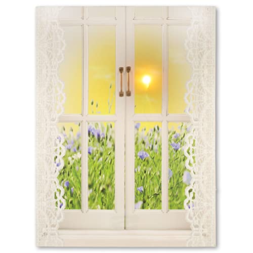 Nexos Trading LED Wandbild Leinwandbild mit Beleuchtung Fotodruck Fenster 30 x 40 cm 1 LED warm weiß Kunstdruck Leuchtbild Garten Vintage-Stil flackernde Sonne Landhaus von Nexos Trading