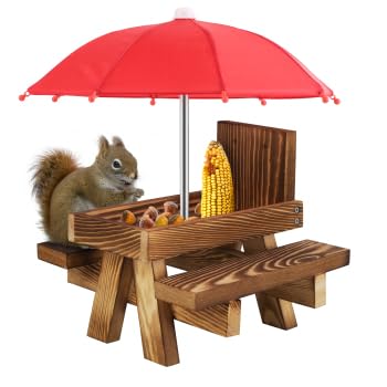 Eichhörnchen-Futterstation,Eichhörnchen-Futtertisch mit Schirm, Eichhörnchen-Picknicktisch aus Holz,mit Solider Struktur und 2 x dicken Bänken von Nicoone