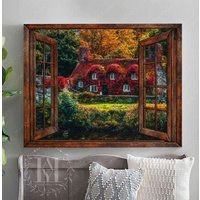 Leinwanddrucke | Blumenliebhaber Geschenk Fensterbild Natur Leinwand Kunst Fenster Vom Bauernhof| Landschaft Wandkunst Gartenmalerei von NininnniStore