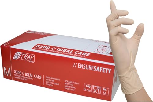 Nitras 8200-M IDEAL CARE Latex Einmalhandschuhe, Unsteril, Rollrand, Puderfrei, Natürlich, M Größe, 100 Stück Nitras 8200-M IDEAL CARE Latex Einmalhandschuhe, Unsteril, Rollrand, Puderfrei, Natürlich, M Größe, 100 Stück von Nitras