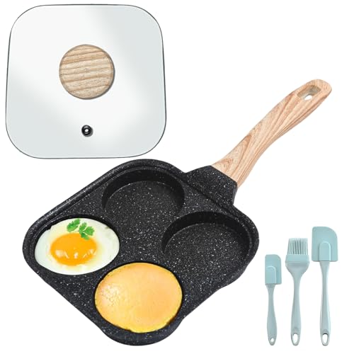 Nizirioo 4 Löcher Spiegeleipfanne Antihaft mit Deckel, Spiegelei Burger Pfanne mit Silikonölpinsel und 2 Spatel, Eier Pfanne mit Holzgriff, für Gasherd(Schwarz, 37 cm x 19 x 2, 7cm) von Nizirioo