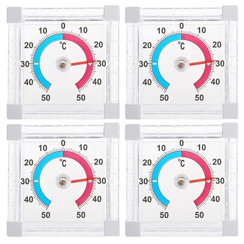 Nizirioo Transparent Selbstklebend Analog Fensterthermometer: 4 Stück Thermo-Hygrometer, Fenster Thermometer Klebe, Außenthermometer, Fensterscheibe Temperaturanzeige Zweifarbiger Skala 7.6x7.6cm von Nizirioo