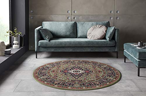 Nouristan Mirkan Orient Teppich Rund – Wohnzimmerteppich Orientalisch Kurzflor Vintage Orientalischer Teppich für Esszimmer, Wohnzimmer, Schlafzimmer – Grün, 160cm von Nouristan