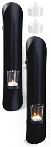 Novaliv 2X Wandkerzenhalter + 2X LED Teelichter 6 x 41,5 x 7,5 cm Schwarz LED Kerze Teelichterhalter aus Metall mit Glas Kerzenhalter Dekoration Wanddeko Vintage Deko Teelicht LED Licht Wandhalter von Novaliv