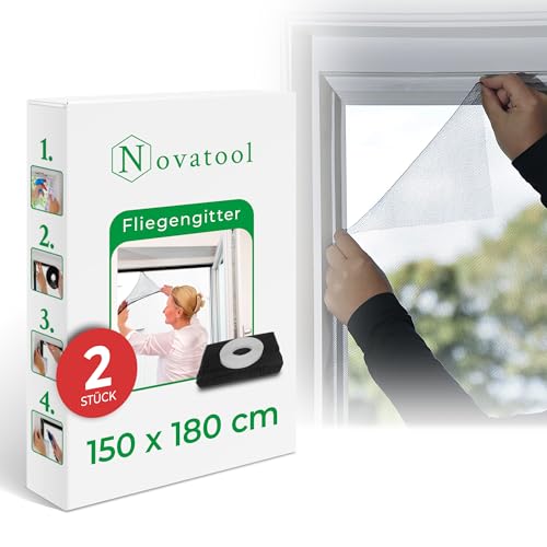 Novatool 2X Fliegengitter Fenster 150x180 anthrazit individuell kürzbar Insektenschutz Fliegennetz Fensternetz Mückennetz Mückengitter Fenstergaze (2, Fliegengitter) von Novatool