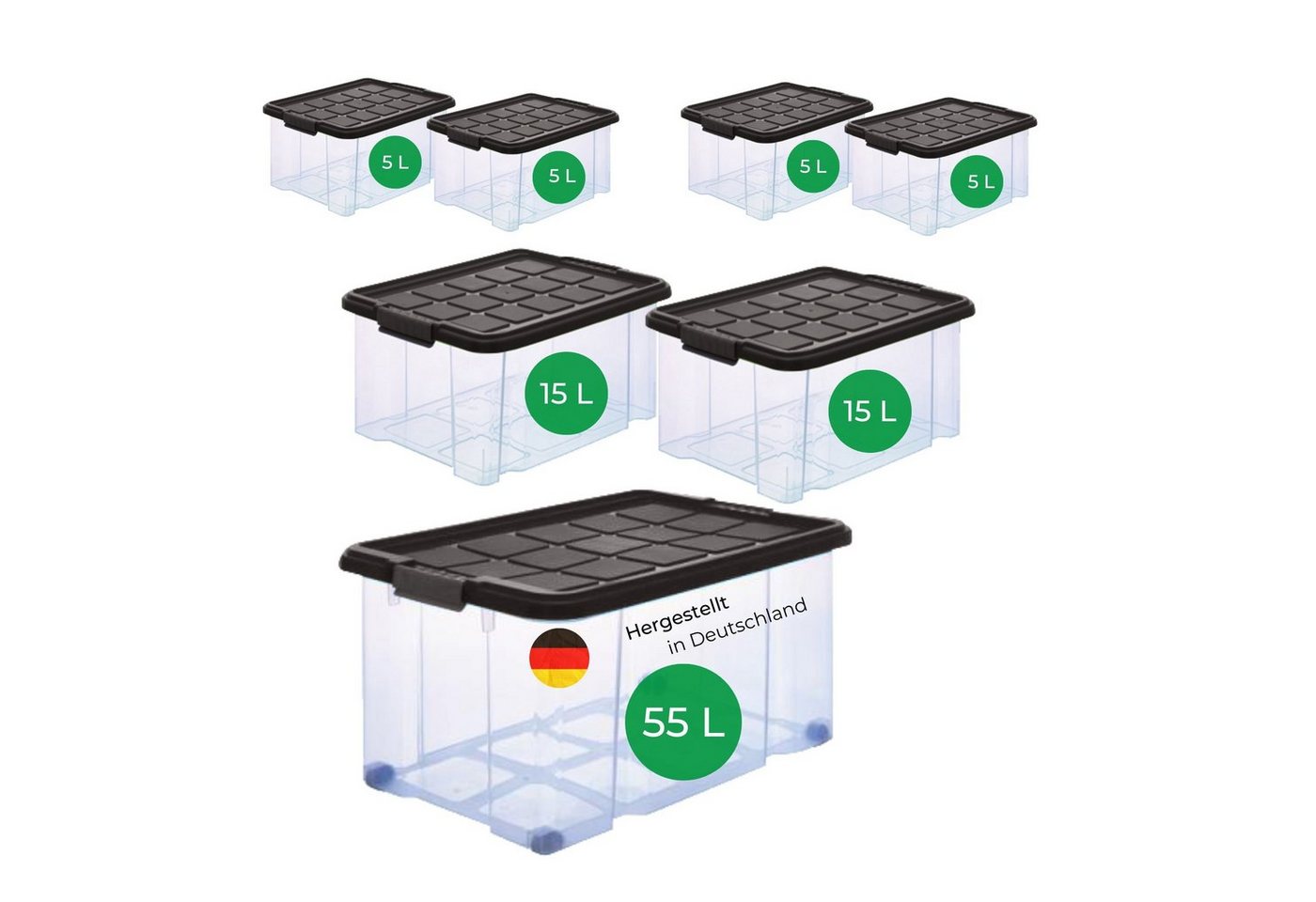 Novatool Aufbewahrungsbox - (1 St), Aufbewahrungsbox mit Deckel 1x55 L + 2x 15L + 4x 5L von Novatool