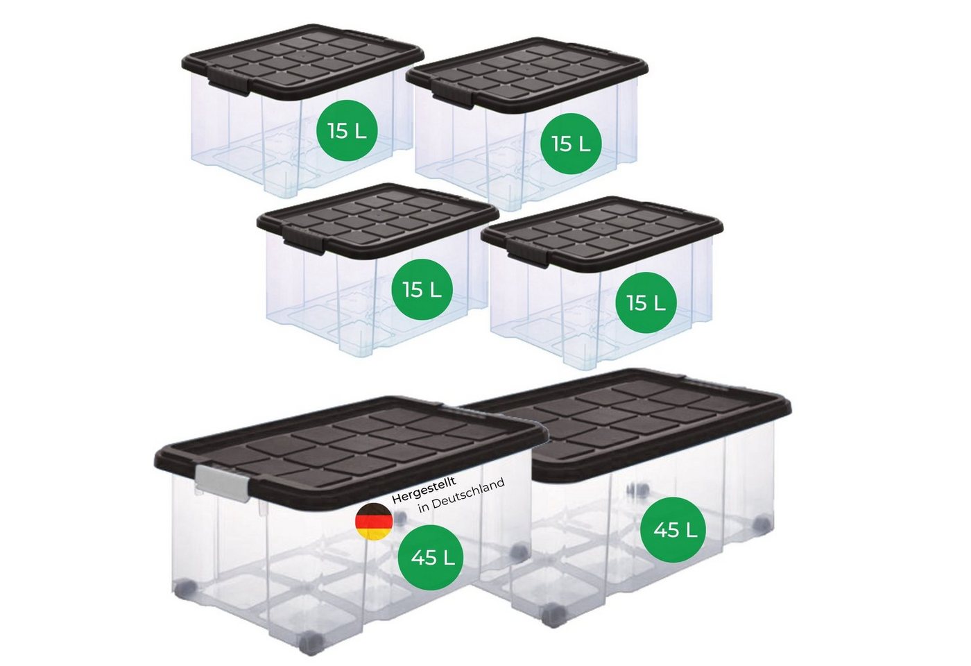 Novatool Aufbewahrungsbox - (1 St), Aufbewahrungsbox mit Deckel 1x80 L + 4x 15L von Novatool