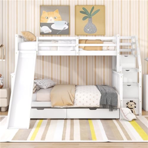 Ntxplora 90 x 200 und 140 x 200 Einzelbetten mit Schubladen Stauraum und Rutsche Multifunktionales Etagenbett mit Stauraumschränken Geeignet für Kinderzimmer Weiß von Ntxplora