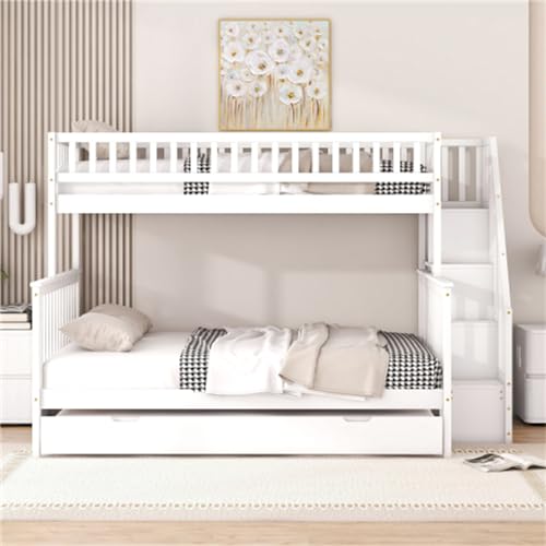 Ntxplora Einzelbetten 90 x 200 cm und 140 x 200 cm Etagenbett mit Rollcontainer Treppe und Ablage weiß geeignet für Kinderzimmer von Ntxplora
