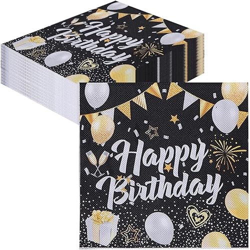 Servietten Geburtstag Schwarz Gold, 40 Stück Happy Birthday Servietten, Papierservietten Papier Napkins für Frau Mann Mädchen Geburtstag Party Deko von Nytlivet