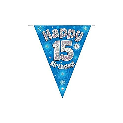 OAKTREE UK 631281 Party-Wimpelkette "Happy 15th Birthday", Blau, holografisch, 11 Flaggen, 3,9 m von OAKTREE UK