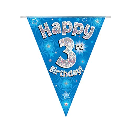 Party-Wimpelkette, Happy 3rd Birthday, blau, holografisch, 11 Flaggen, 3,9 m von OAKTREE UK