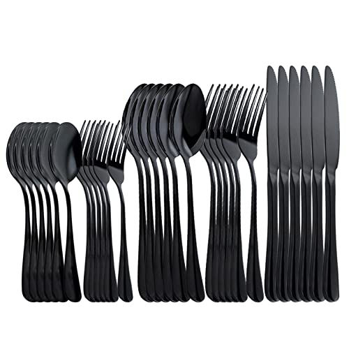 OBR KING Besteck Schwarz 30-teilig Besteck Set 6 Personen, Besteckset einschließlich Dessertgabeln Dessertlöffel Löffel Messer und Gabel Set, Essbesteck aus 18/0 Edelstahl, Spülmaschinenfest von OBR KING