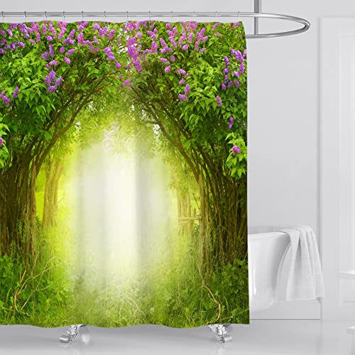 OCEUMACO 3D Lila Floral Duschvorhang 240x200 Natur Blumen Grün Wald Shower Curtains Textil Antischimmel Wasserdicht Duschvorhänge Badewanne Stoff Polyester Waschbar Extra Breit Vorhang mit Ringe von OCEUMACO