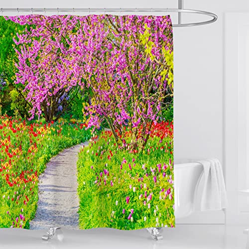 OCEUMACO 3D Natur Duschvorhang 200x200 Japan Frühling Blumen Shower Curtains Textil Antischimmel Wasserdicht Duschvorhänge Badewanne Stoff aus Polyester Waschbar Vorhang mit Ringe - Grün Rosa von OCEUMACO