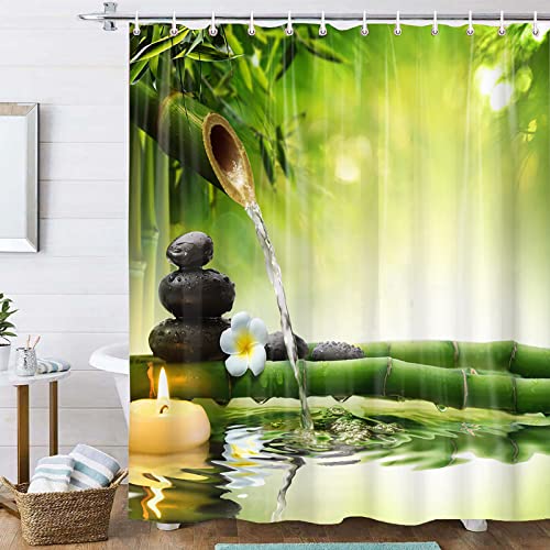 OCEUMACO Duschvorhang 120x180 Zen Shower Curtains Textil Antischimmel Wasserdicht 3D Orchidee Bambus Duschvorhänge Badewanne Stoff aus Polyester Waschbar Vorhang mit Ringe - Grün von OCEUMACO