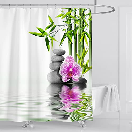 OCEUMACO Duschvorhang 200x200 Zen Shower Curtains Textil Antischimmel Wasserdicht 3D Orchidee Bambus Duschvorhänge Badewanne Stoff aus Polyester Waschbar Vorhang mit Ringe - Weiß Grün von OCEUMACO