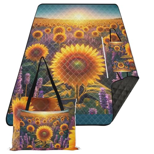ODAWA Picknickdecke, Sonnenblumen und Lavendel, verstaubar, leicht, wasserdicht, große Matte für Camping oder Reisen, 203,2 x 299,7 cm von ODAWA
