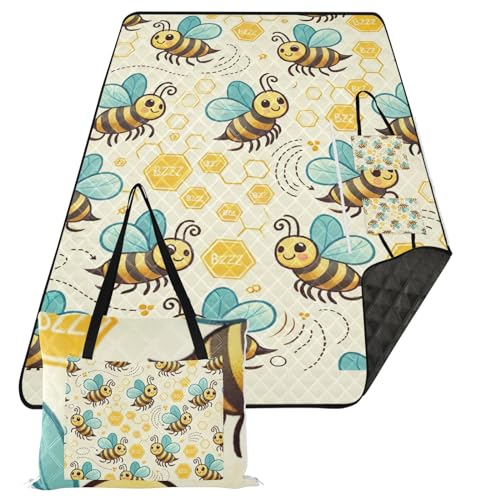 ODAWA Picknickdecke mit fliegenden Bienen und Waben, Picknickmatte für Strand, Camping, Gras, Rasen, Park, 203,2 x 299,7 cm von ODAWA