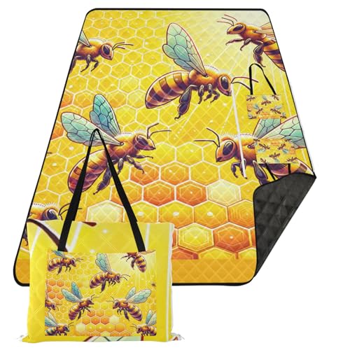 ODAWA Picknickdecke mit fliegenden Bienen und Waben, für Camping, Wandern, Reisen, tragbare Stranddecke, 203,2 x 299,7 cm von ODAWA