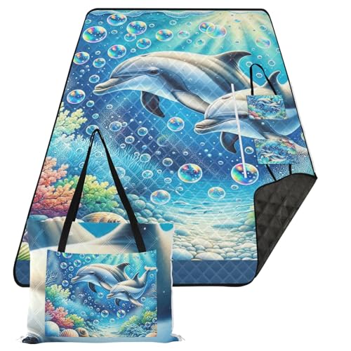 ODAWA Zwei Delfine mit Blasen, für den Außenbereich, verstaubare Decke, große Matte für Camping oder Reisen, 203,2 x 299,7 cm von ODAWA