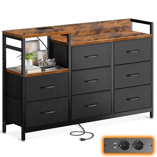 ODK Kommode mit Schubladen, 2 USB & 2 AC-Anschlüssen, 8 Schubladen aus Stoff - Geeignet für Multifunktionaler Schubladenschrank für Schlafzimmer und Wohnzimmer, 132 * 30 * 88 cm,Vintage und Schwarz ODK Kommode mit Schubladen, 2 USB & 2 AC-Anschlüssen, 8 Schubladen aus Stoff - Geeignet für Multifunktionaler Schubladenschrank für Schlafzimmer und Wohnzimmer, 132 * 30 * 88 cm,Vintage und Schwarz von ODK
