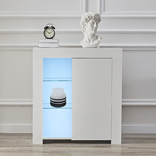 OFCASA Sideboard mit LED Leuchten Weiß Hochglanz und Matt 3 Ebenen Glasregale Küchenschrank 1 Tür Kommode Schrank für Küche Esszimmer Wohnzimmer 75 x 35 x 82cm von OFCASA