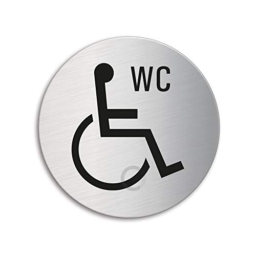 Schild - WC Behinderte | Behindertentoilette Türschild aus Edelstahl Ø 75 mm selbstklebend | Original Ofform Design Nr.8477 von OFFORM DESIGN