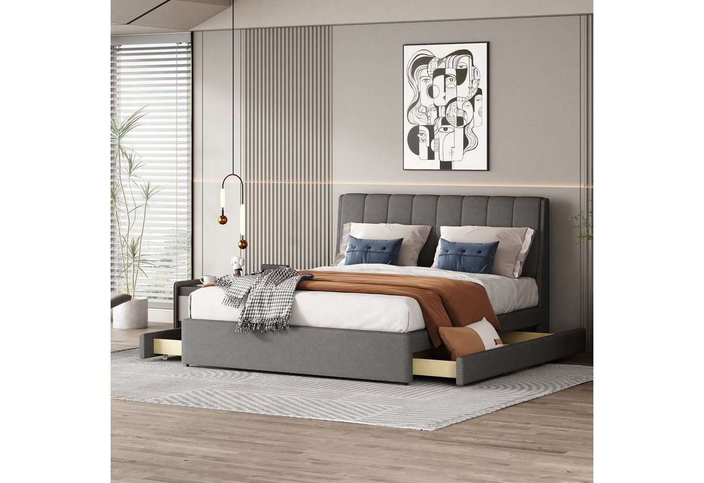 OKWISH Bett Polsterbett 140 x 200 cm, Doppelbett (mit Außenverteidigern auf beiden Seiten des Kopfteils, mit Schubladen, Lattenrost und Rückenlehne), für Erwachsene und Jugendliche, Ohne Matratze von OKWISH