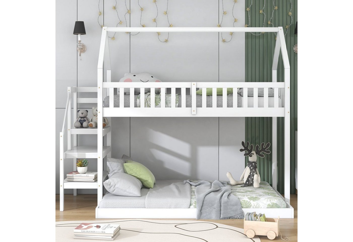 OKWISH Etagenbett Etagenbett, Kinderbett, Hausbett mit Treppe (mit Fallschutz und Gitter, 90x200cm), Hausbett mit Treppe, Ohne Matratze von OKWISH