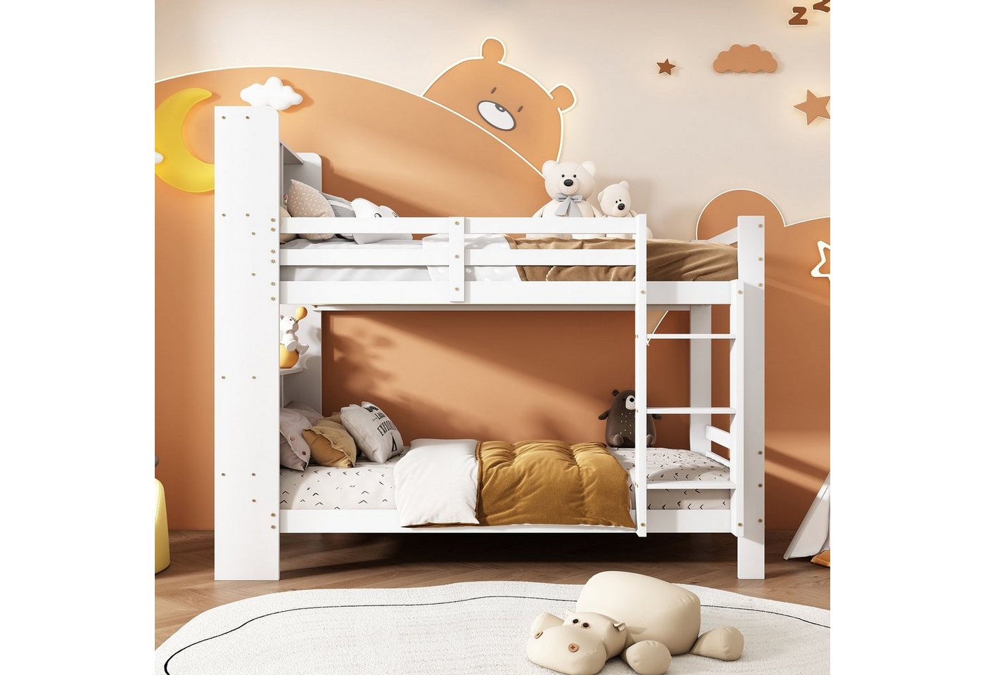 OKWISH Etagenbett Holzbett Stauraumbett Stauraum-Holzbett, Kinderbett (Bettrahmen aus Massivholz, 90x200 cm, mit Regalen und dreistufiger, rechtwinkliger Leiter), Ohne Matratze von OKWISH