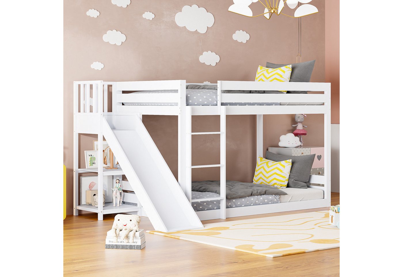 OKWISH Etagenbett Kinderbett 90*200, Bett aus Kiefernholz (mit Leiter und Rausfallschutz Bettgestell, mit Lattenrost, Rutsche und Regal), Ohne Matratze von OKWISH