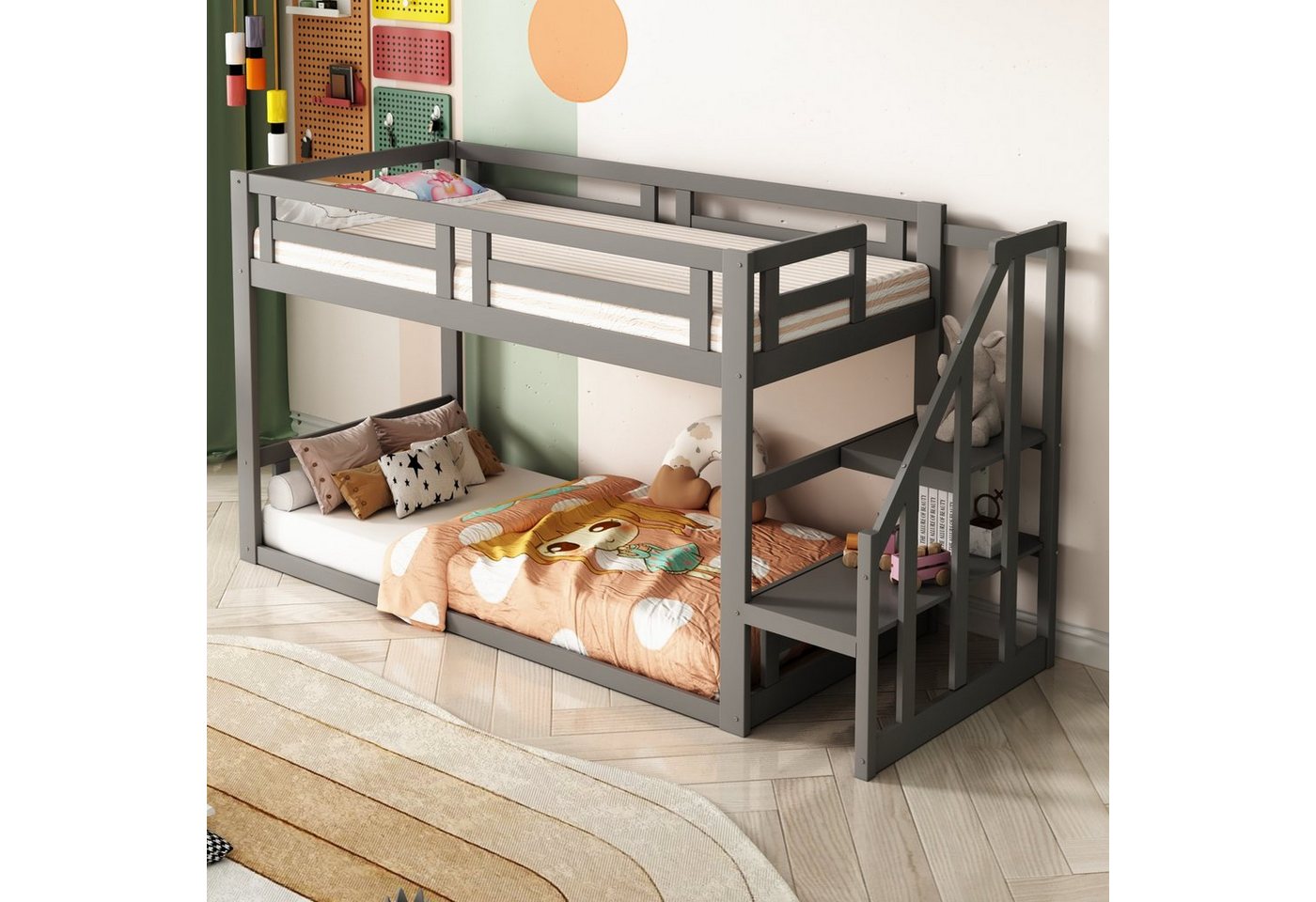 OKWISH Etagenbett Kinderbett Einzelbett Holzbett Gästebett (mit Sicherheitstreppe, Etagenbettgestell aus Massivholz mit Lattenrost, 90*200cm), Ohne Matratze von OKWISH