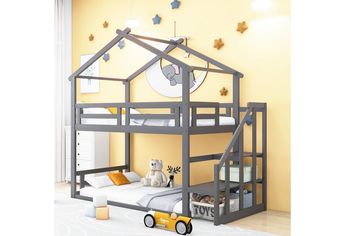 OKWISH Etagenbett Kinderbett Einzelbett Holzbett Gästebett (mit Sicherheitstreppe, Etagenbettgestell aus Massivholz mit Lattenrost, 90x200cm), Ohne Matratze von OKWISH