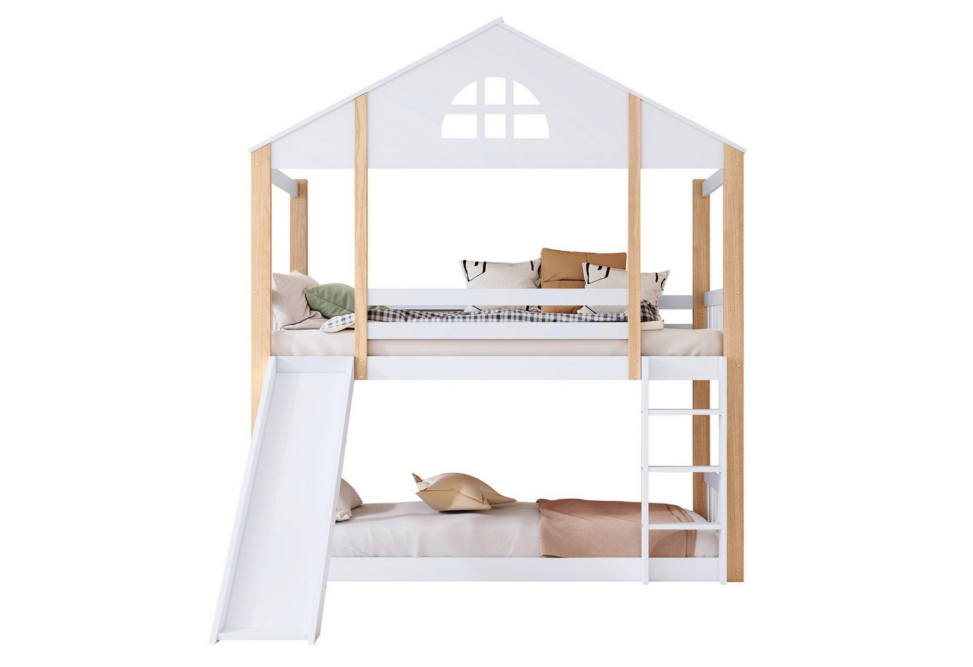 OKWISH Etagenbett Kinderbett Hausbett Holzbett Funktionsbett (mit Rutsche Zäunen und Fallschutz 90x200cm, mit charakteristischen Fenstern und dreistufige Winkelzugleiter) von OKWISH