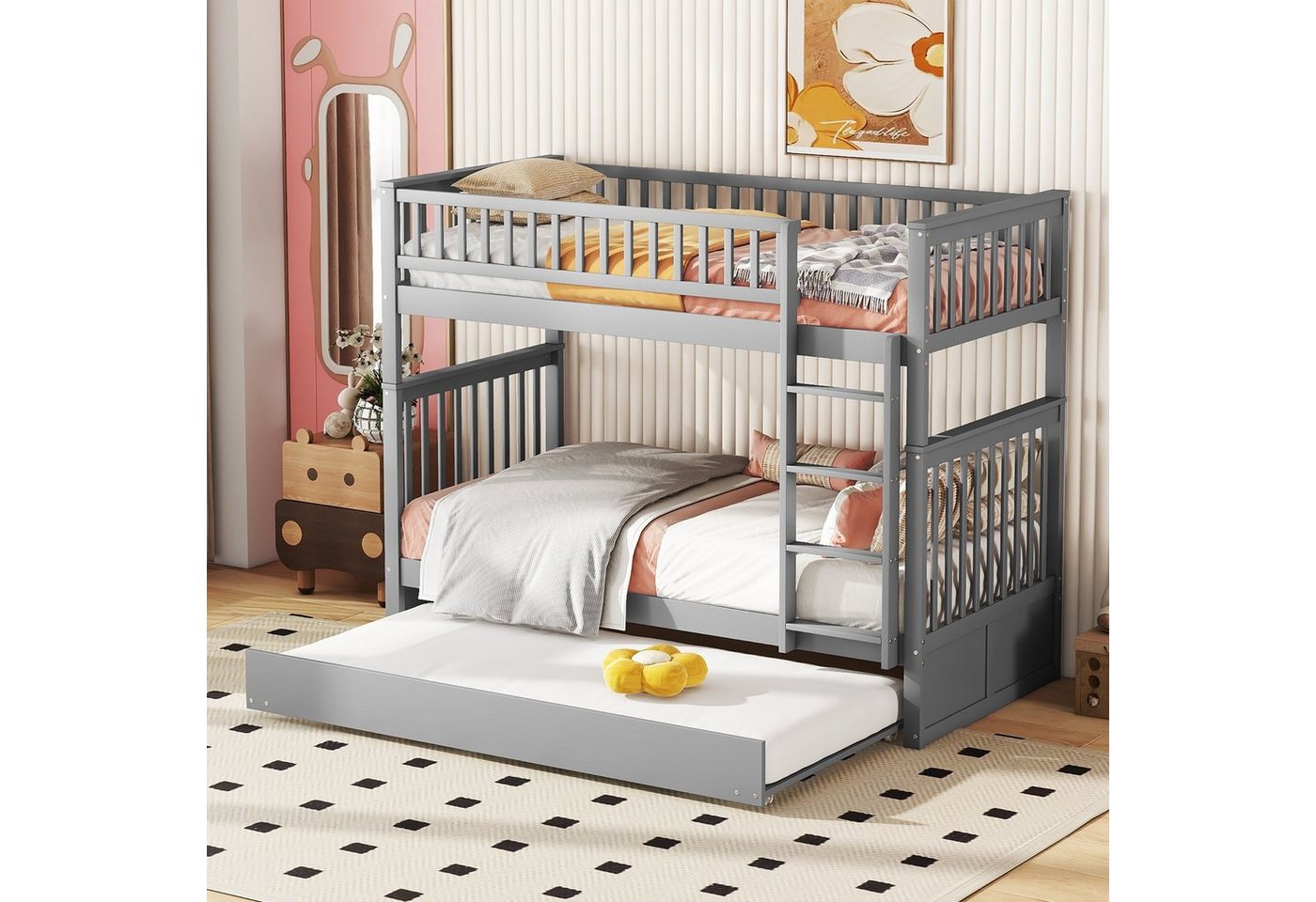 OKWISH Etagenbett Kinderbetten Dreierbetten mit Ausziehbett Hohe Geländer Stabile Treppe (90*200cm), ohne Matratze von OKWISH