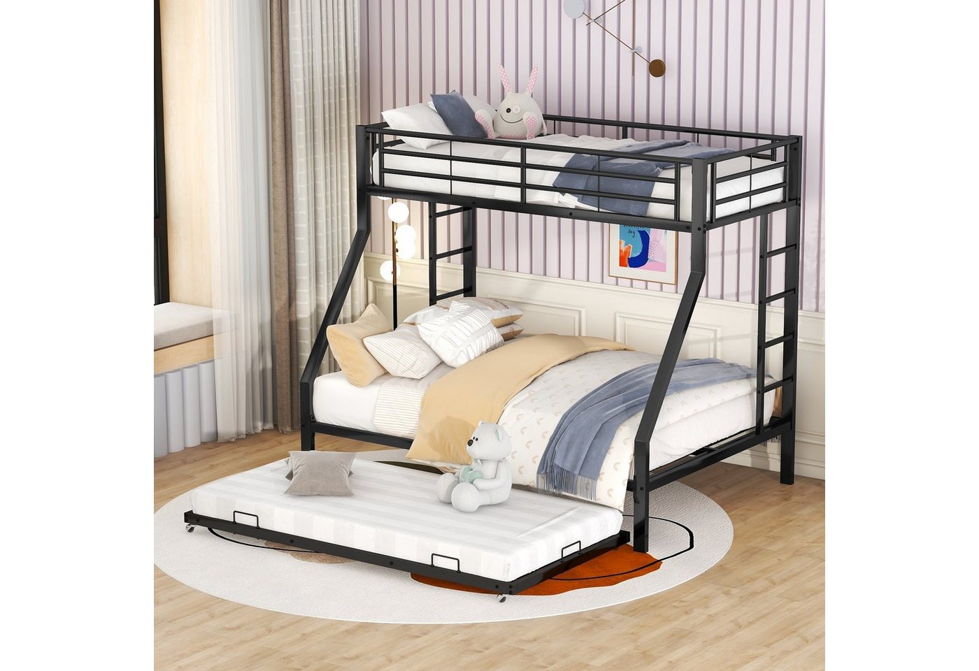 OKWISH Etagenbett Metallbett mit ausziehbarem Bett 90(140)x200cm (mit ausziehbarem Bett,mit Leiter auf beiden Seiten), Ohne Matratze von OKWISH