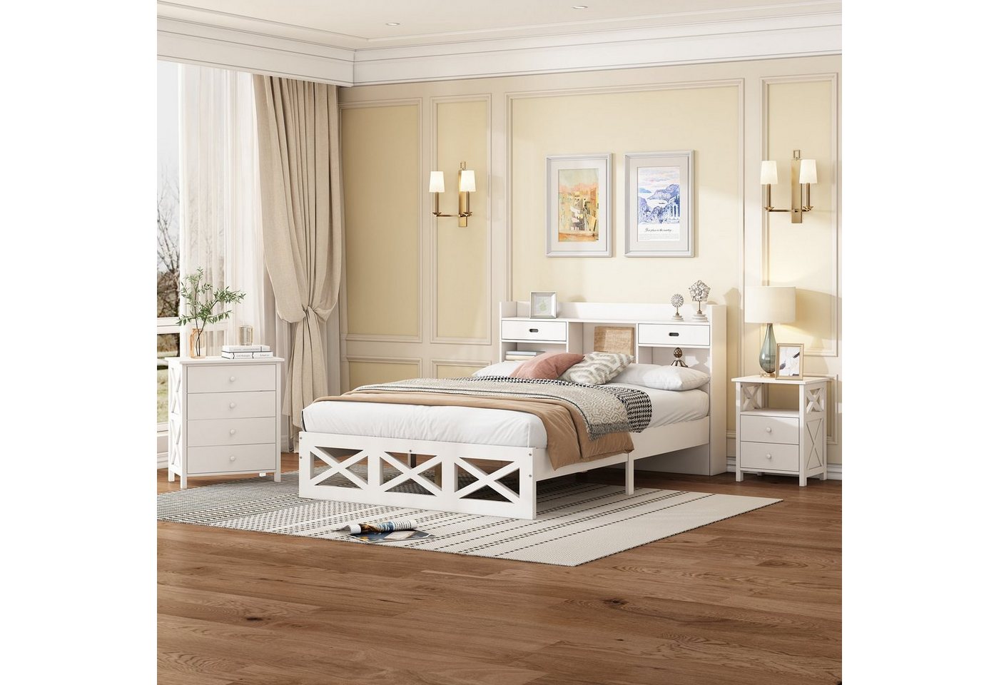 OKWISH Holzbett Doppelbett mit Holz Lattenroste, mit Aufbewahrungsfunktion (Holzbett+Nachttisch+Kommode, 140x200 cm, Nachttisch mit 2 Schubladen und einem Fach, mit X-Muster), Komplettschlafzimmer Set, Modernes Design von OKWISH