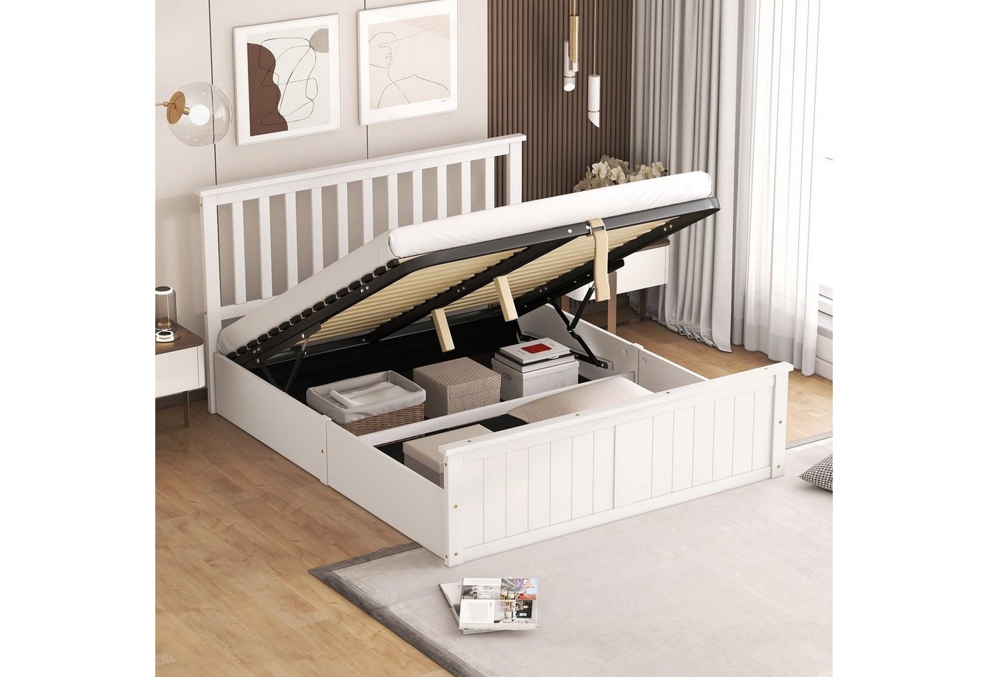 OKWISH Holzbett Doppelbett mit Lattenrost und Stauraum für Kinder (Weiß, 140x200cm), Erwachsene, einfach zu montieren von OKWISH