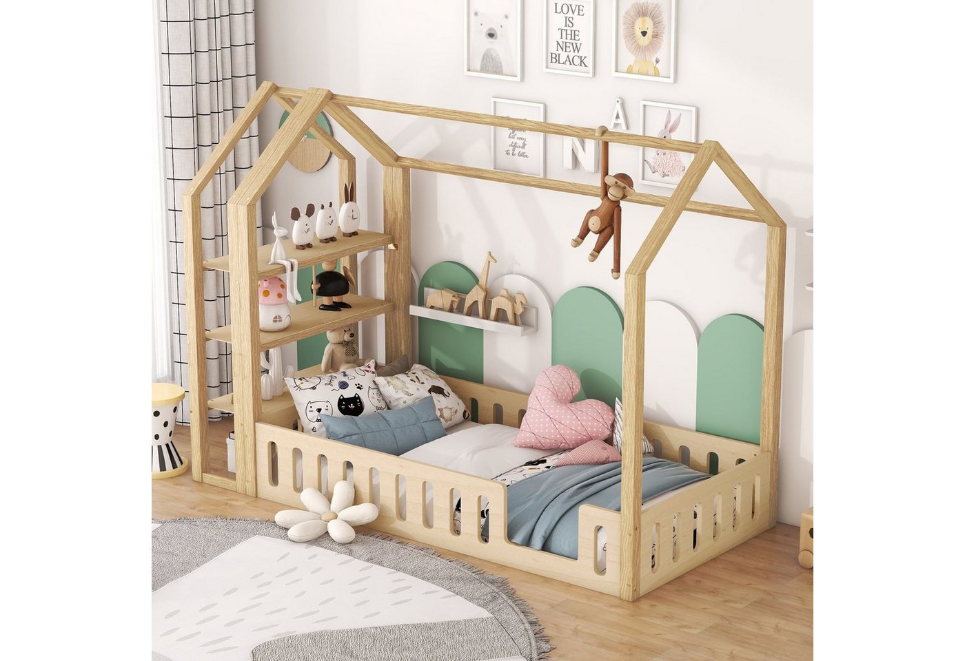 OKWISH Kinderbett Flachbetten Holzbett Funktionsbett Einzelbett (mit 3 Regalen 90 x 200cm, Hausbetten mit Geländer), ohne Matratze von OKWISH